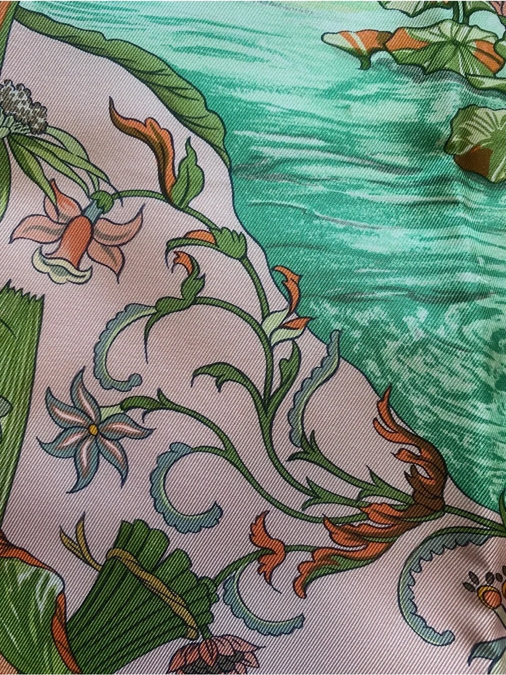 Hermes Pink and Green Silk Scarf with Lotus and River Scene - Picture 5 of 12